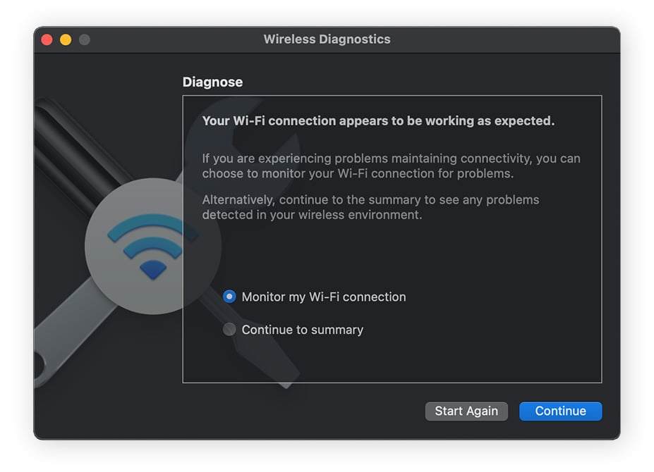 Open the wireless diagnostics tool from a Spotlight search and click Continue.