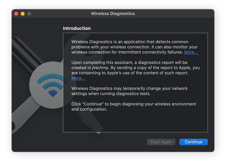Wireless diagnostics results screen that shows no issues found.
