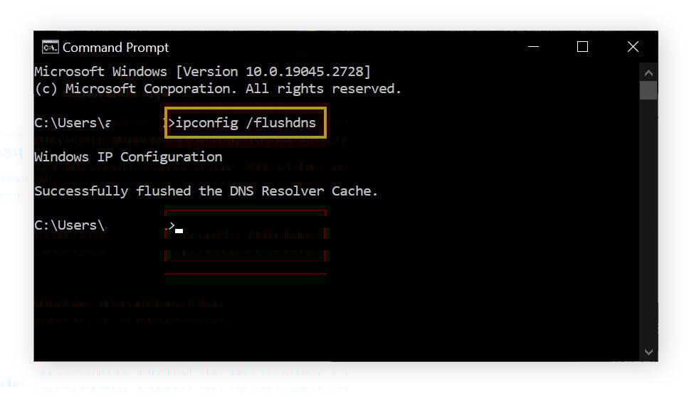 O Prompt de comando é exibido, com a entrada “ipconfig /flushdns” e a mensagem resultante “Successfully flushed the DNS Resolver Cache”.