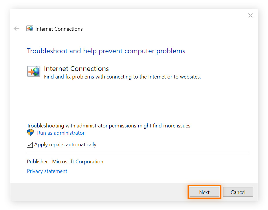 A view of the Windows network troubleshooter. You can click "next" to let it get to work.