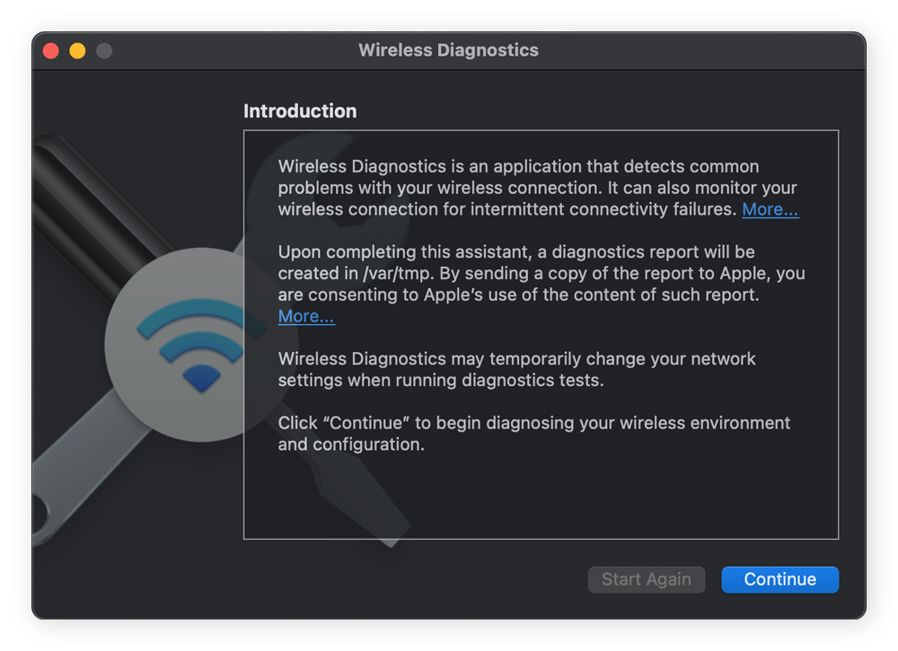 Wireless diagnostics tool on Mac with "Monitor my Wi-Fi connection" ticked and Continue button selected.