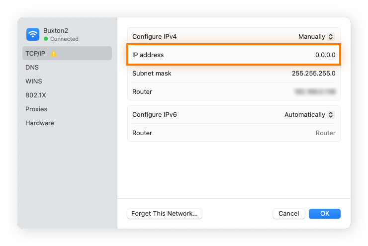 Configuring a new IP address on Mac.