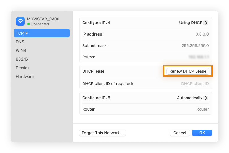 Resetting TCP/IP settings on a Mac by renewing the DHCP lease.