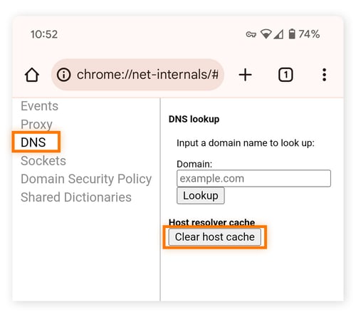 Flushing DNS cache on Android using Chrome's settings.