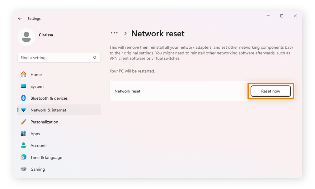 Resetting network settings on Windows to fix internet connection issues.