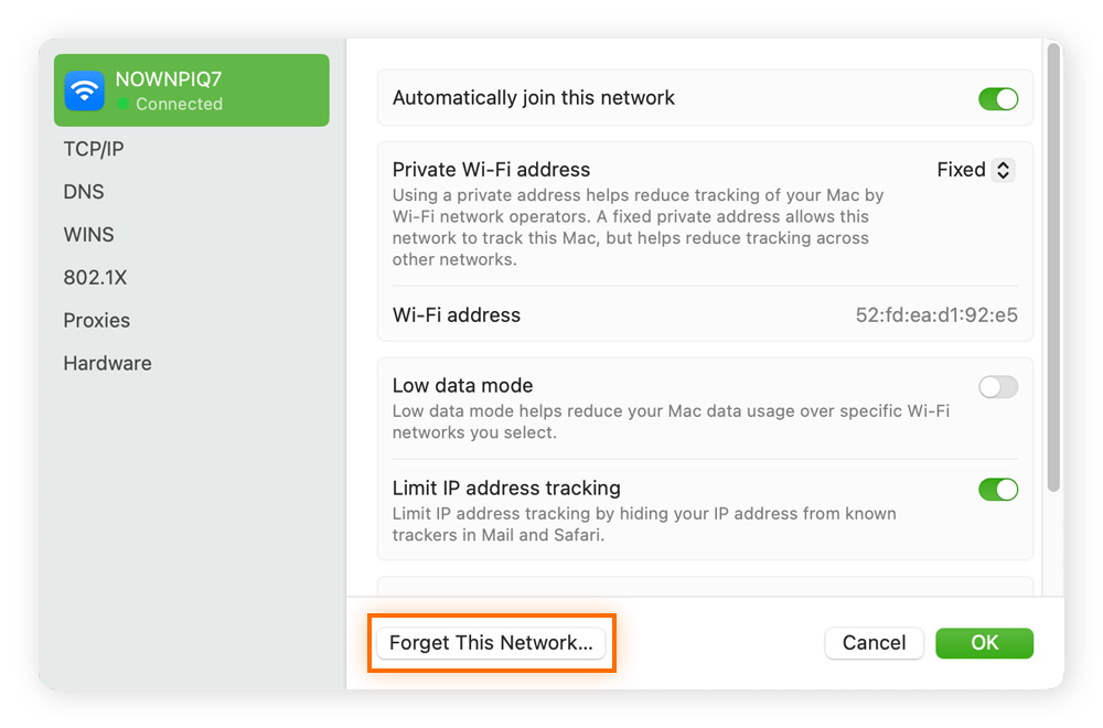 Resetting your network settings on Mac by clicking 'Forget This Network' for your Wi-Fi connection.