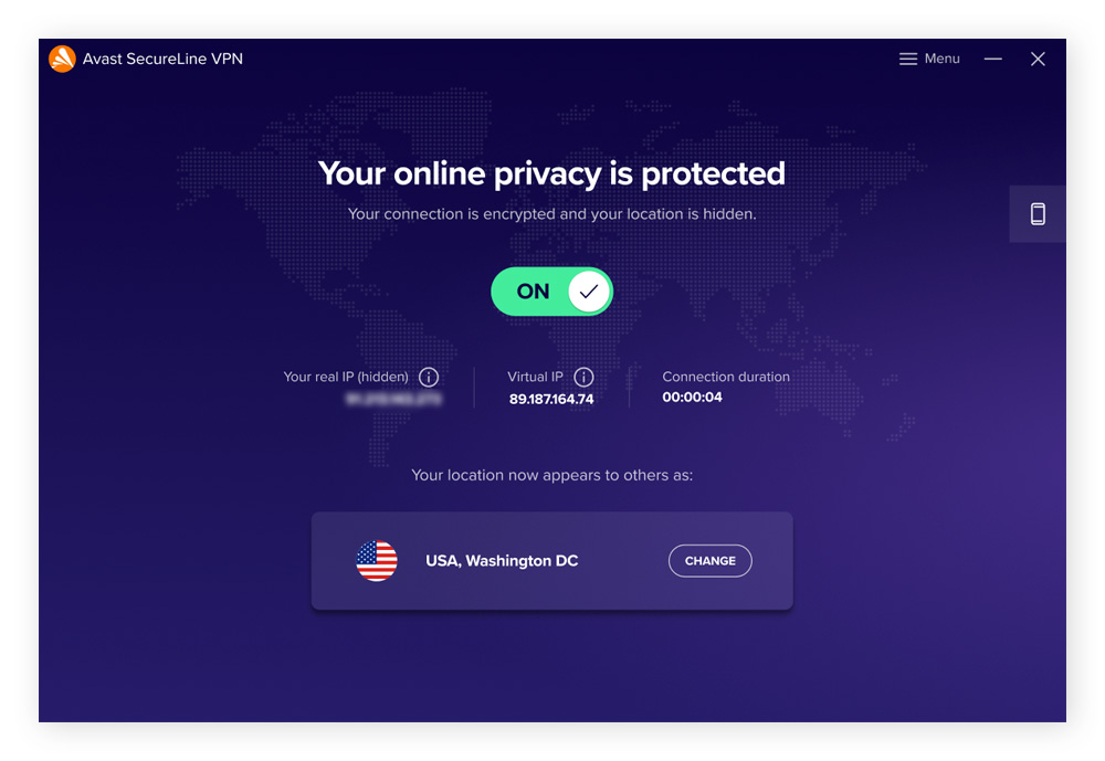 Avast SecureLine VPN hides your IP address and online activity to protect your privacy.