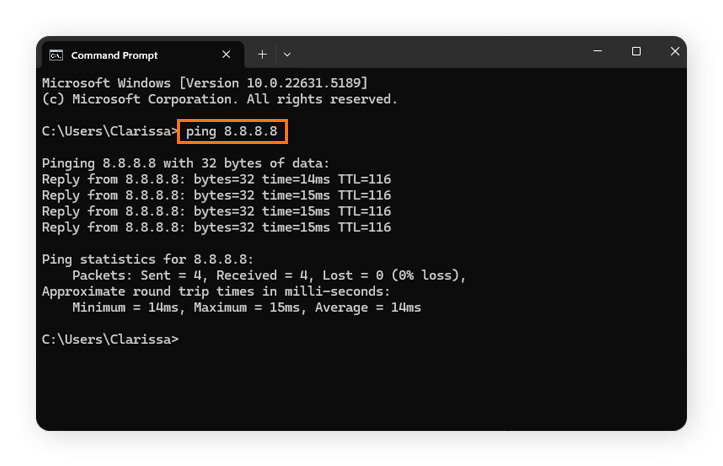 Performing a ping test on Windows 11 to check why my internet is not working.