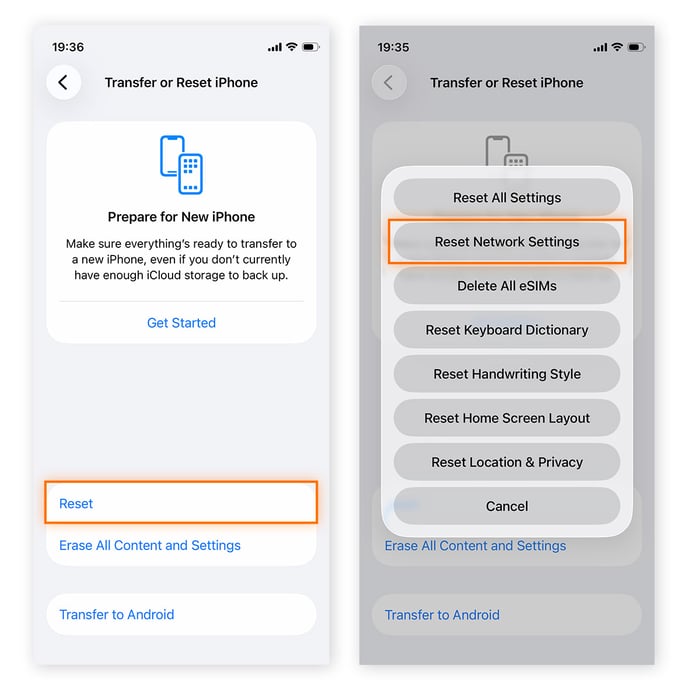 Resetting network settings on iOS.