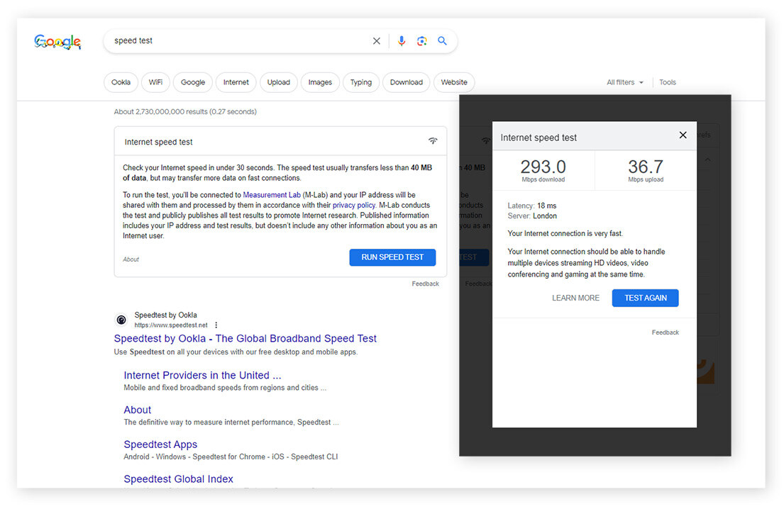 Le widget du test de vitesse de Google et la page de résultats.