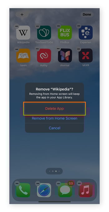 Touchez Supprimer l’application, puis Supprimer, pour confirmer la suppression de l’application iPhone.