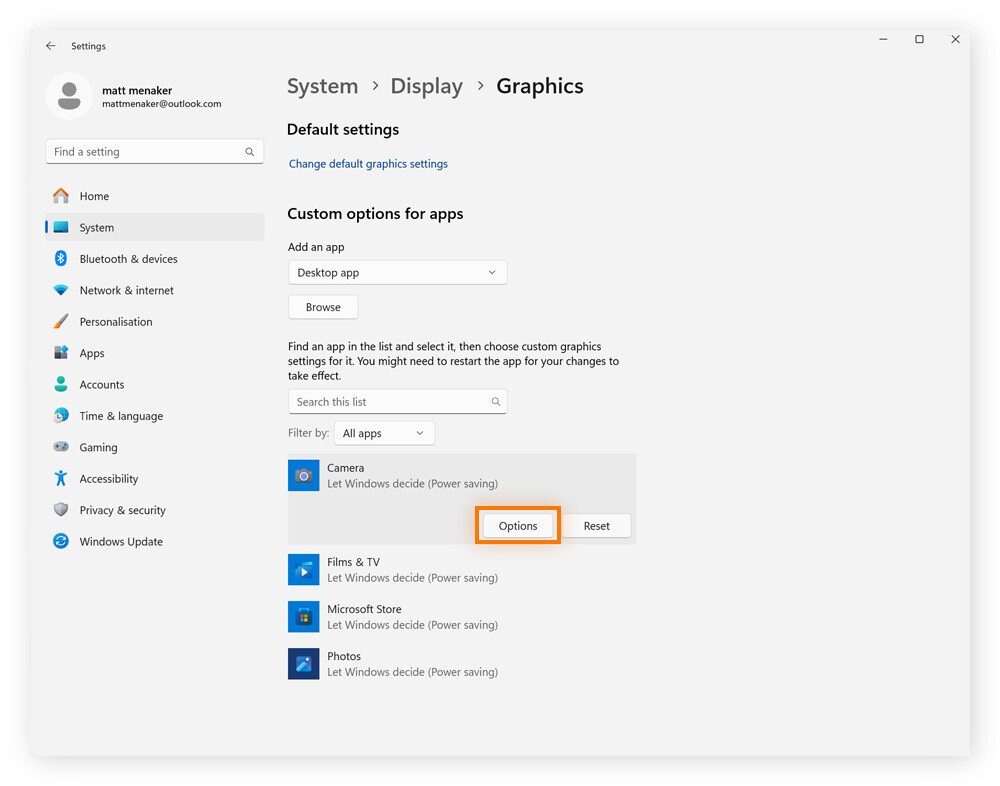 Capture d’écran des paramètres graphiques sous Windows 11