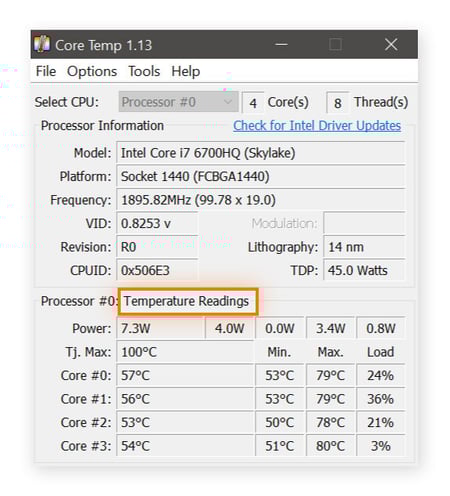 Le menu de l’outil Core Temp affiche les relevés de température d’un ordinateur portable Skylake à quatre cœurs