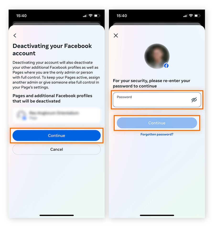 Si vous possédez d’autres pages Facebook, appuyez sur Continuer, puis saisissez votre mot de passe et appuyez sur Continuer pour confirmer.