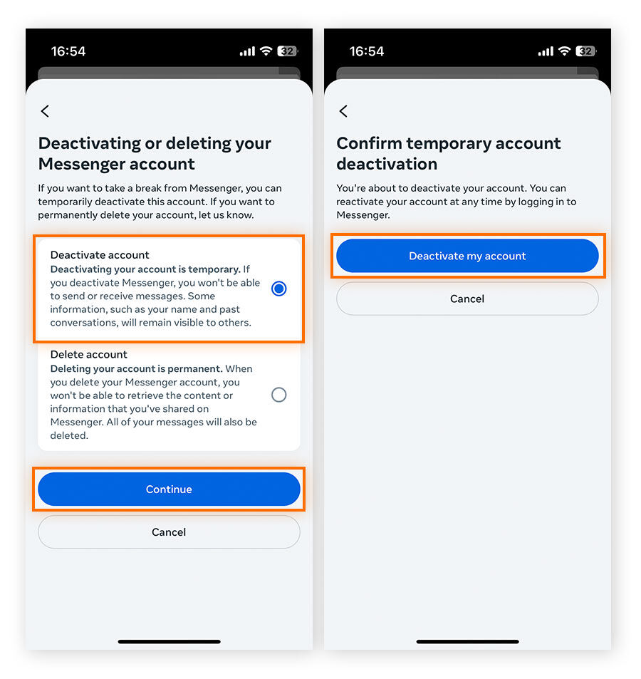 Appuyez sur Désactiver le compte, Continuer, puis sur Désactiver mon compte afin de confirmer la désactivation de Messenger.