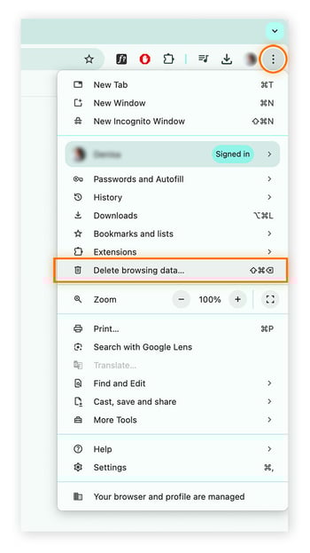 Klicken Sie in Chrome auf die drei Punkte und wählen Sie dann "Browserdaten löschen" aus.