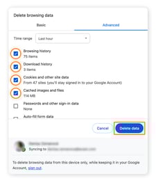 Check the boxes next to the data you want to clear, then click Delete data.