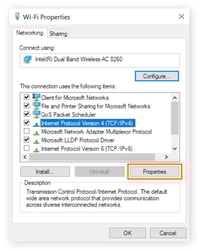 The Wi-Fi properties for a specific network are shown. Internet Protocol Version 4 is highlighted, and properties is circled.