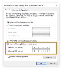 The IPv4 settings are shown. "Use the following DNS server addresses" is selected and the Preferred DNS server is entered as 8.8.8.8 while the alternate DNS server is written as 8.8.4.4.