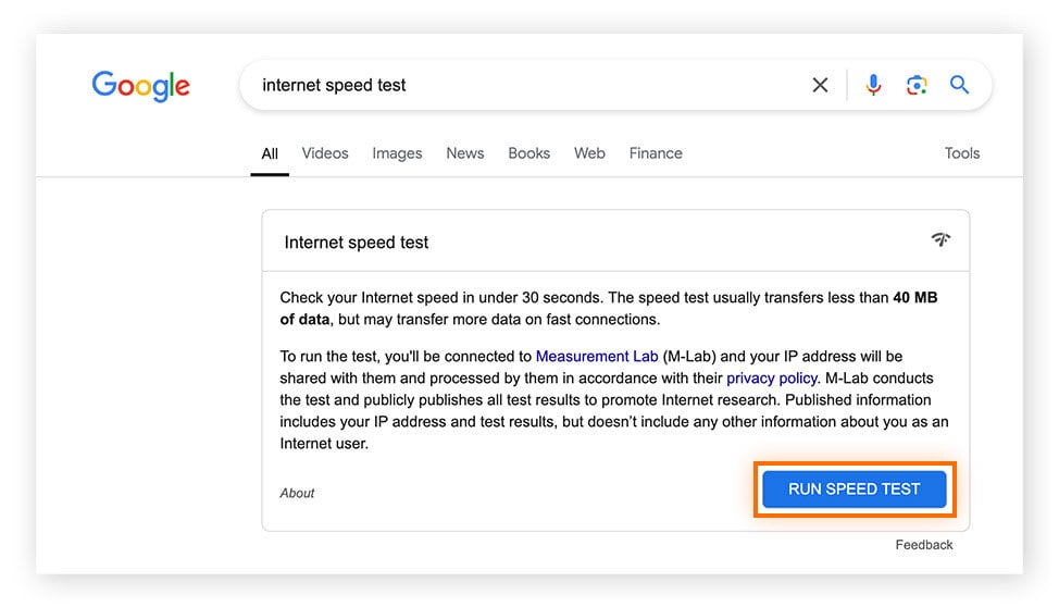 Führen Sie einen Speedtest in Google durch, um Ihre Internetgeschwindigkeit zu ermitteln.