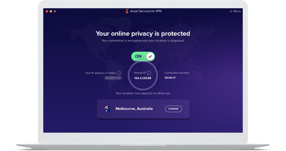 La pantalla de inicio de Avast SecureLine VPN muestra la ubicación del servidor australiano y la dirección IP virtual.