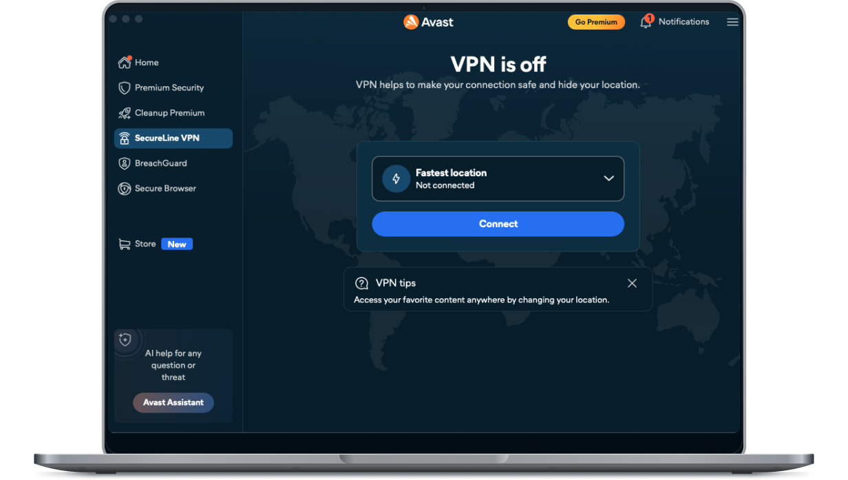 The SecureLine VPN for Mac home screen.