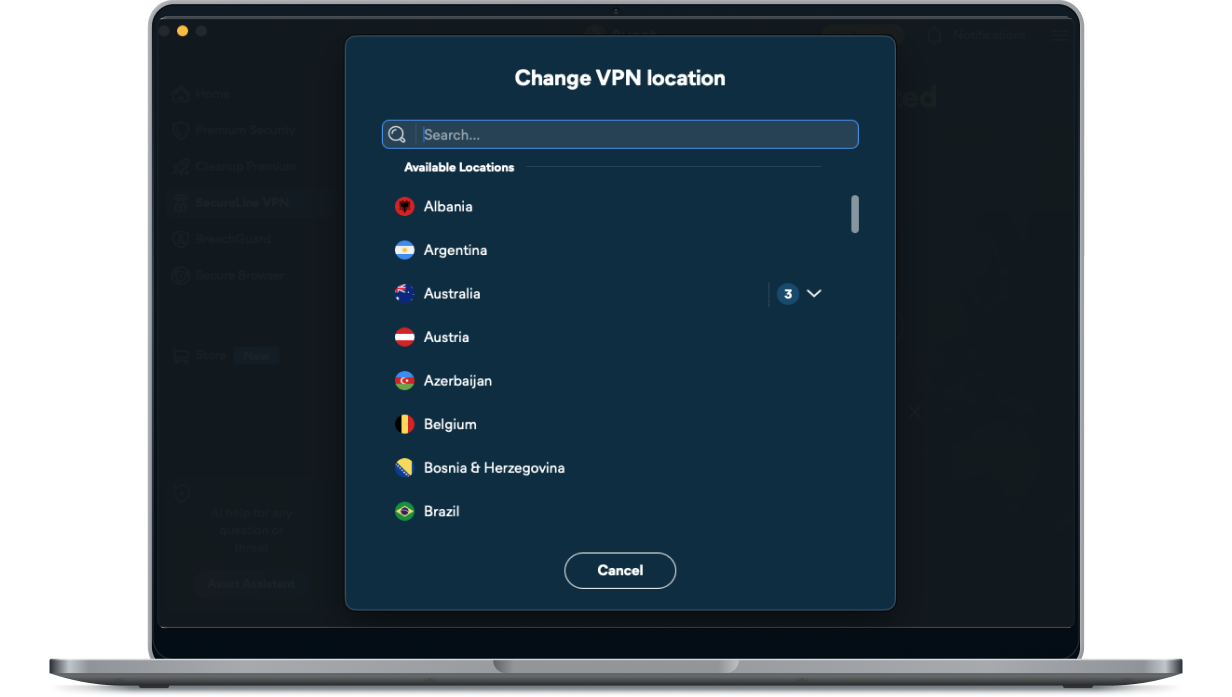 The list of server locations on SecureLine VPN by country and global region.