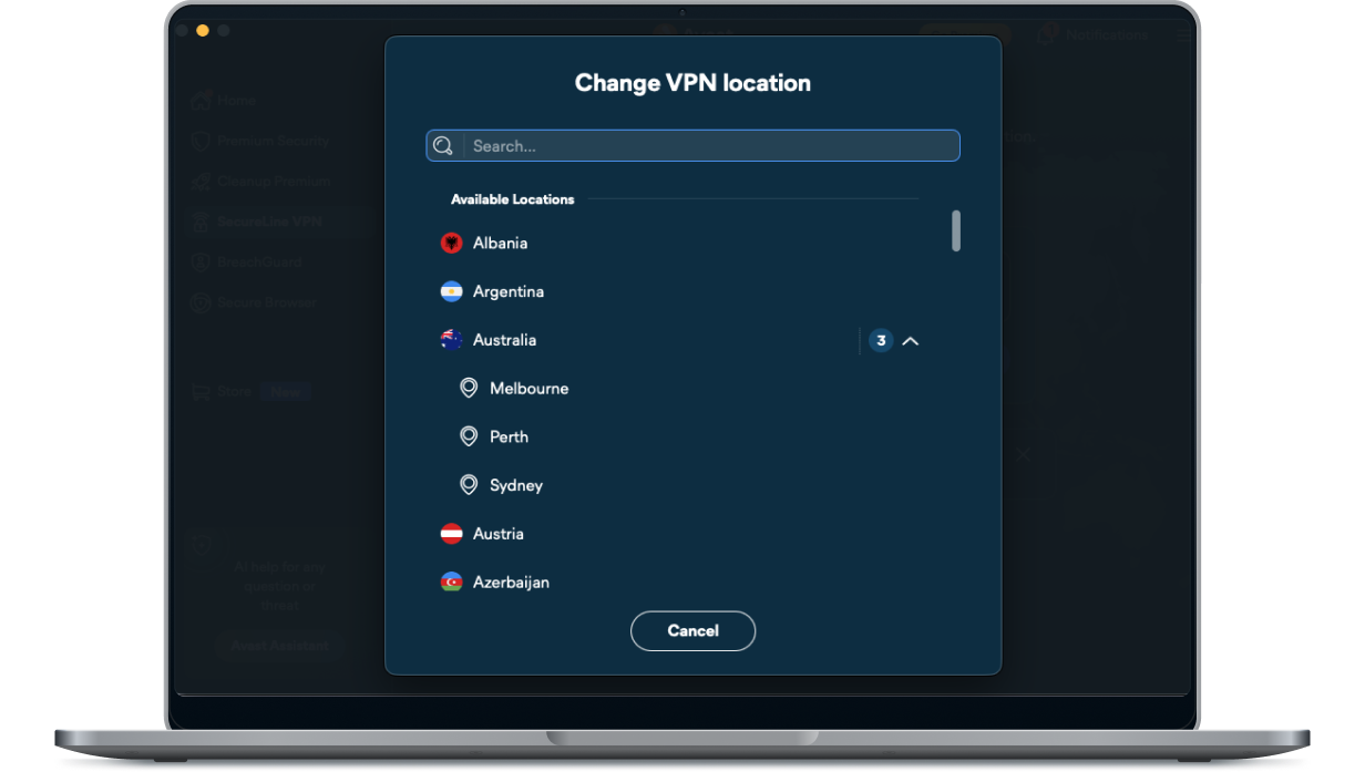 Selecting an Australian VPN server location on SecureLine VPN.