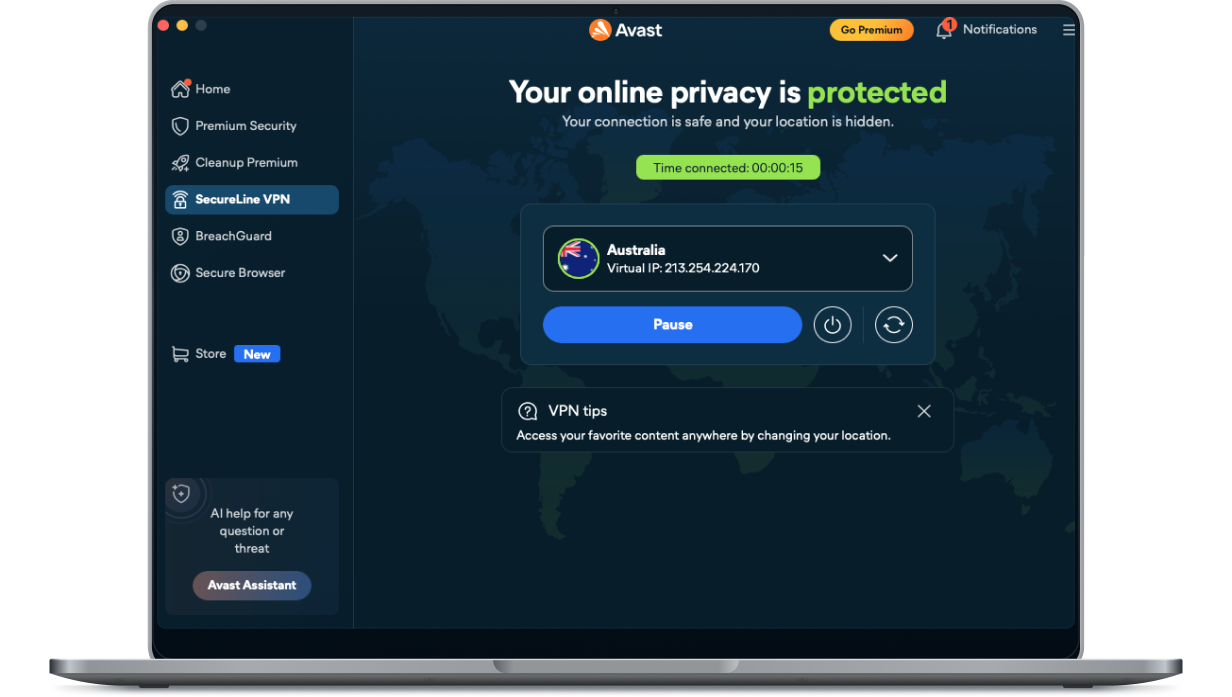 The SecureLine VPN home screen showing Australian server location and virtual IP address.