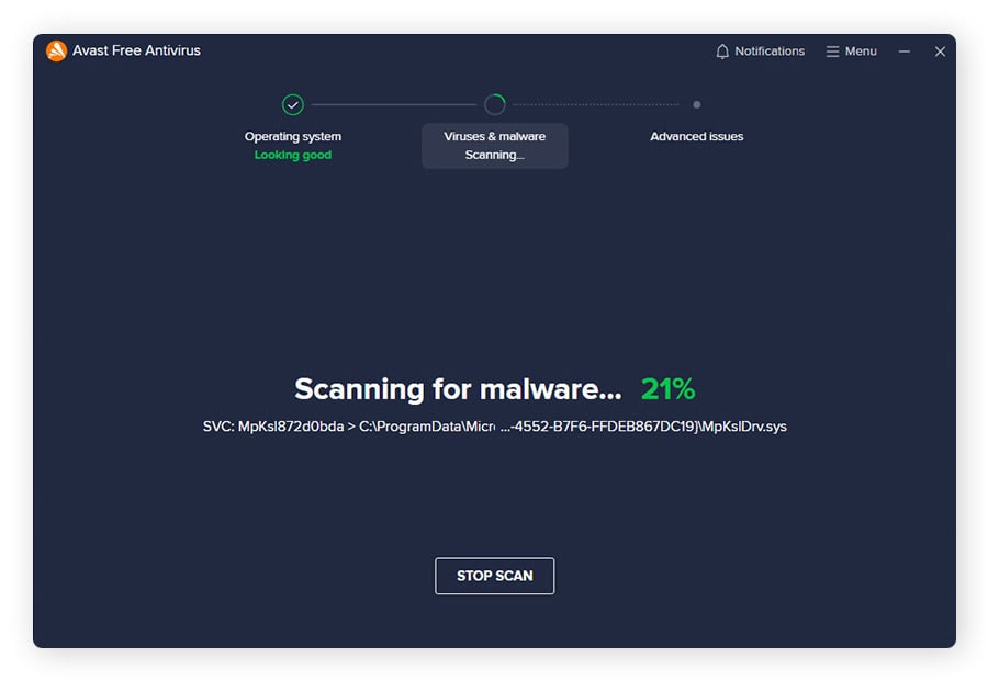 Avast Free Antivirus sucht unter Windows 11 nach Keyloggern, Viren und anderer Malware.