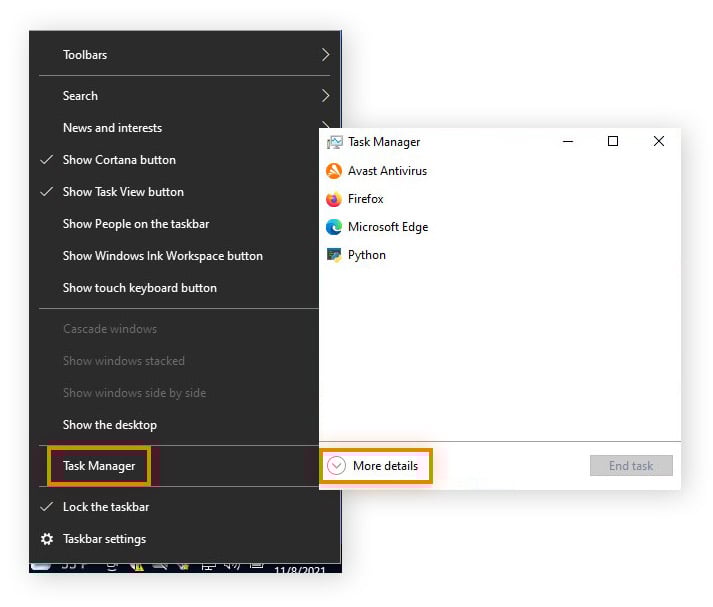Öffnen Sie den Task-Manager unter Windows 10, um den Keylogger-Entfernungsprozess zu starten.