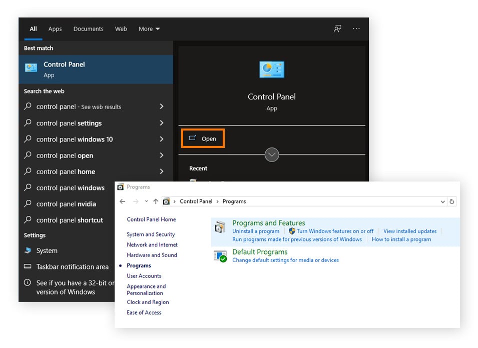 Öffnen des Tools „Programme und Features“ über die Systemsteuerung unter Windows 10.