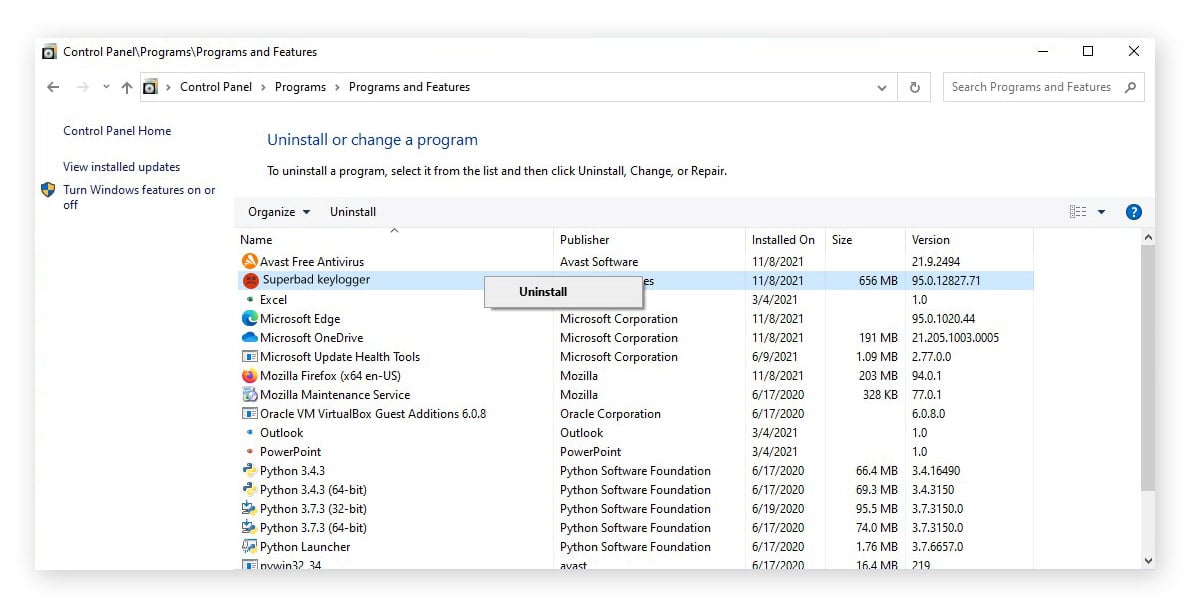 Anzeigen der installierten Programme über die Systemsteuerung unter Windows 10.