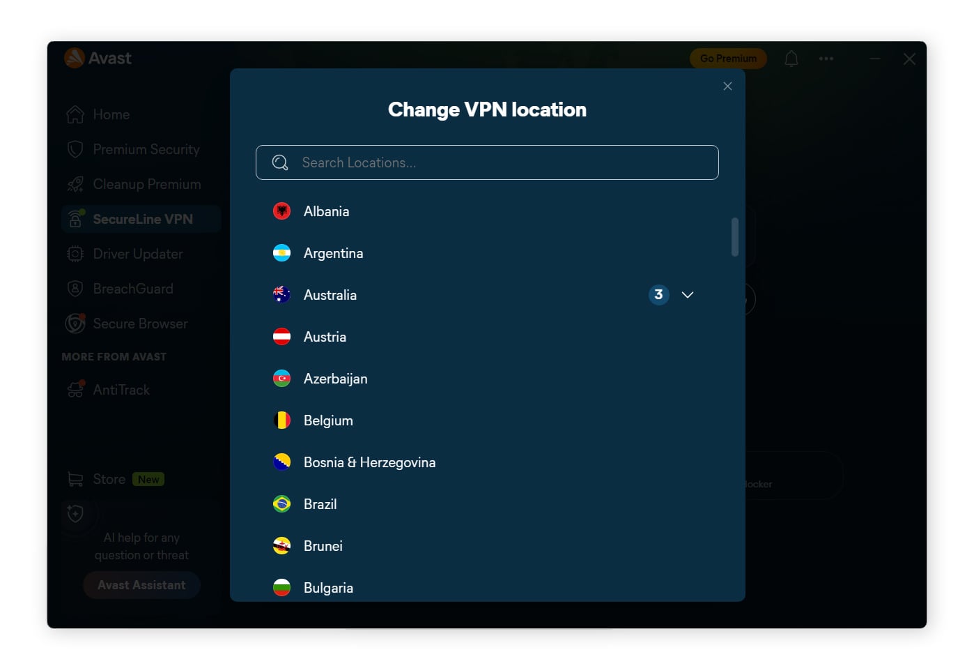 A screenshot showing SecureLine VPN's server location selection screen.