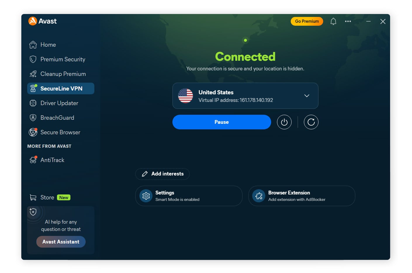 A screenshot of SecureLine VPN masking your location through an encrypted connection and virtual IP address.