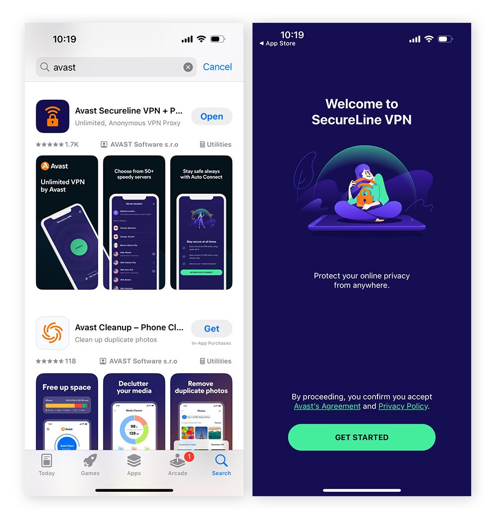 Installing Avast SecureLine VPN on an iPhone.