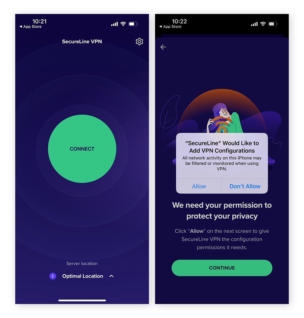 Setting up a VPN connection on Avast SecureLine VPN for iOS.