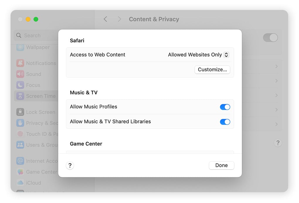 Configuring blocked and allowed websites in Mac's Content & Privacy settings.
