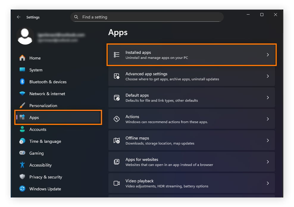 The Apps screen in Windows 11 settings.