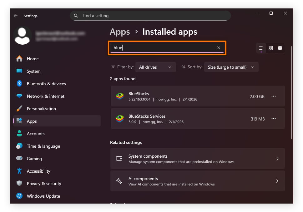 Searching for "blue" in Installed apps in Windows 11.