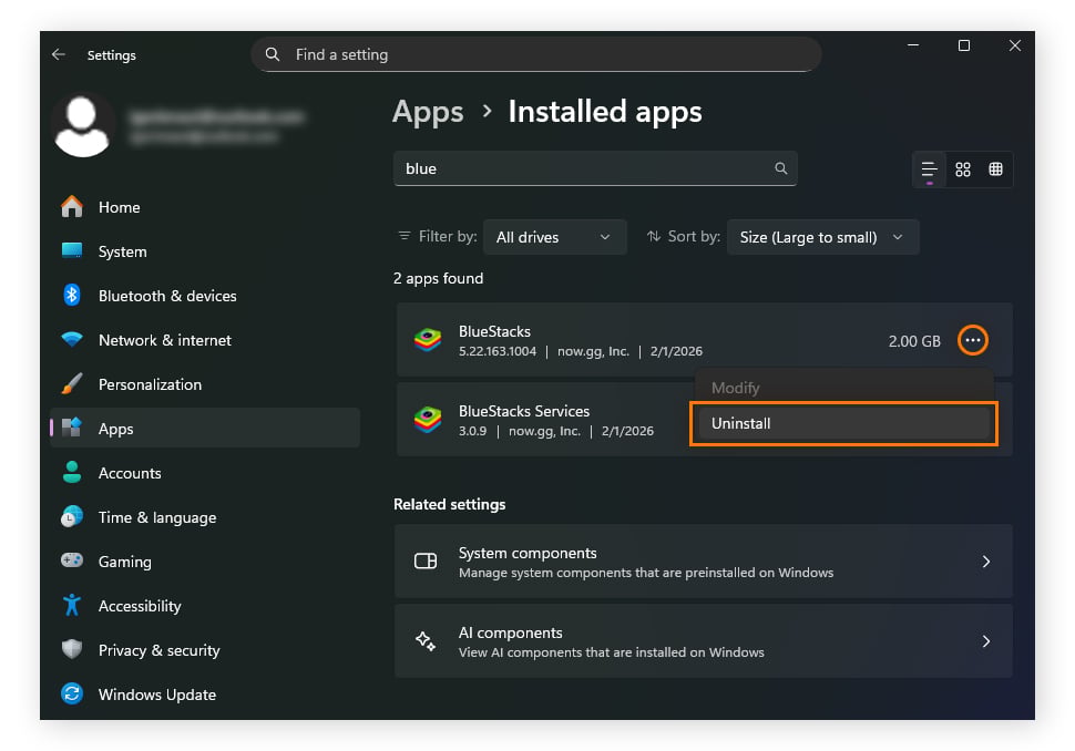 Uninstalling BlueStacks in Installed apps in Windows 11.