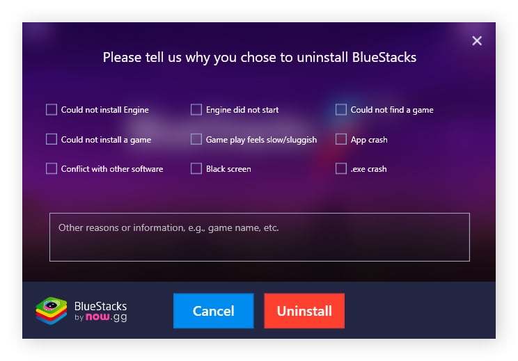 The BlueStacks uninstallation confirmation screen on PC.