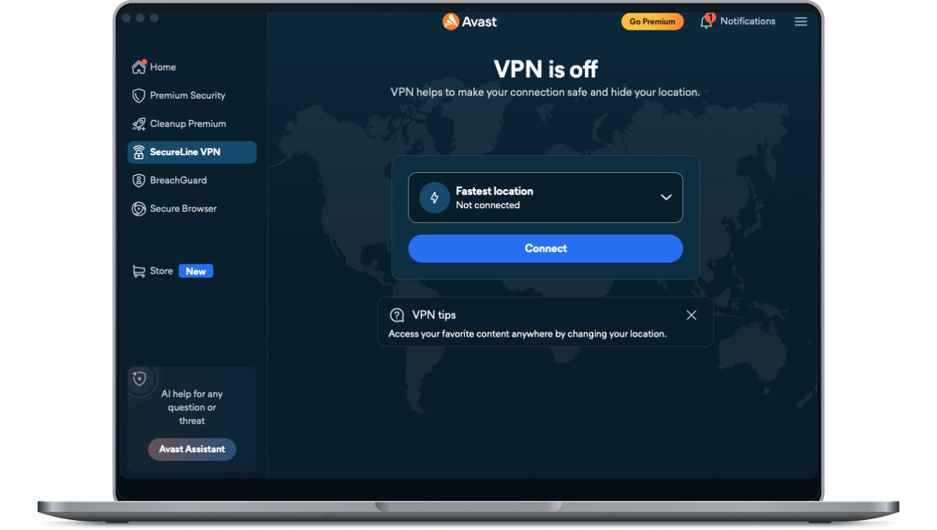 The SecureLine VPN home screen.