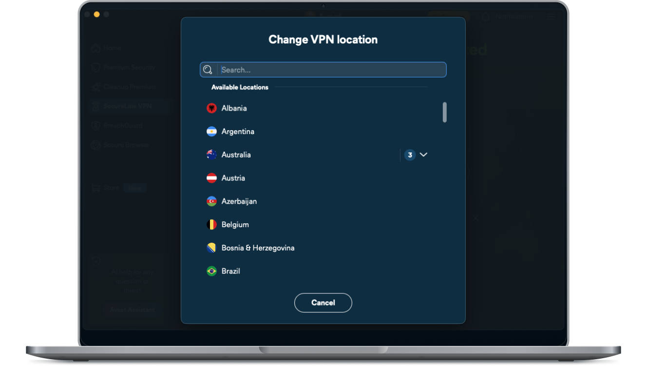 The list of global server locations on SecureLine VPN.