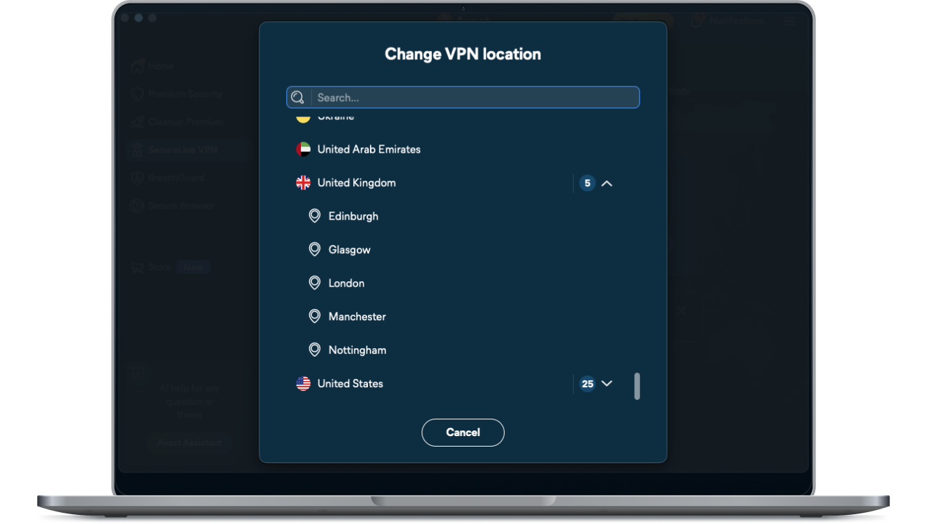 Selecting a UK VPN server location on SecureLine VPN.