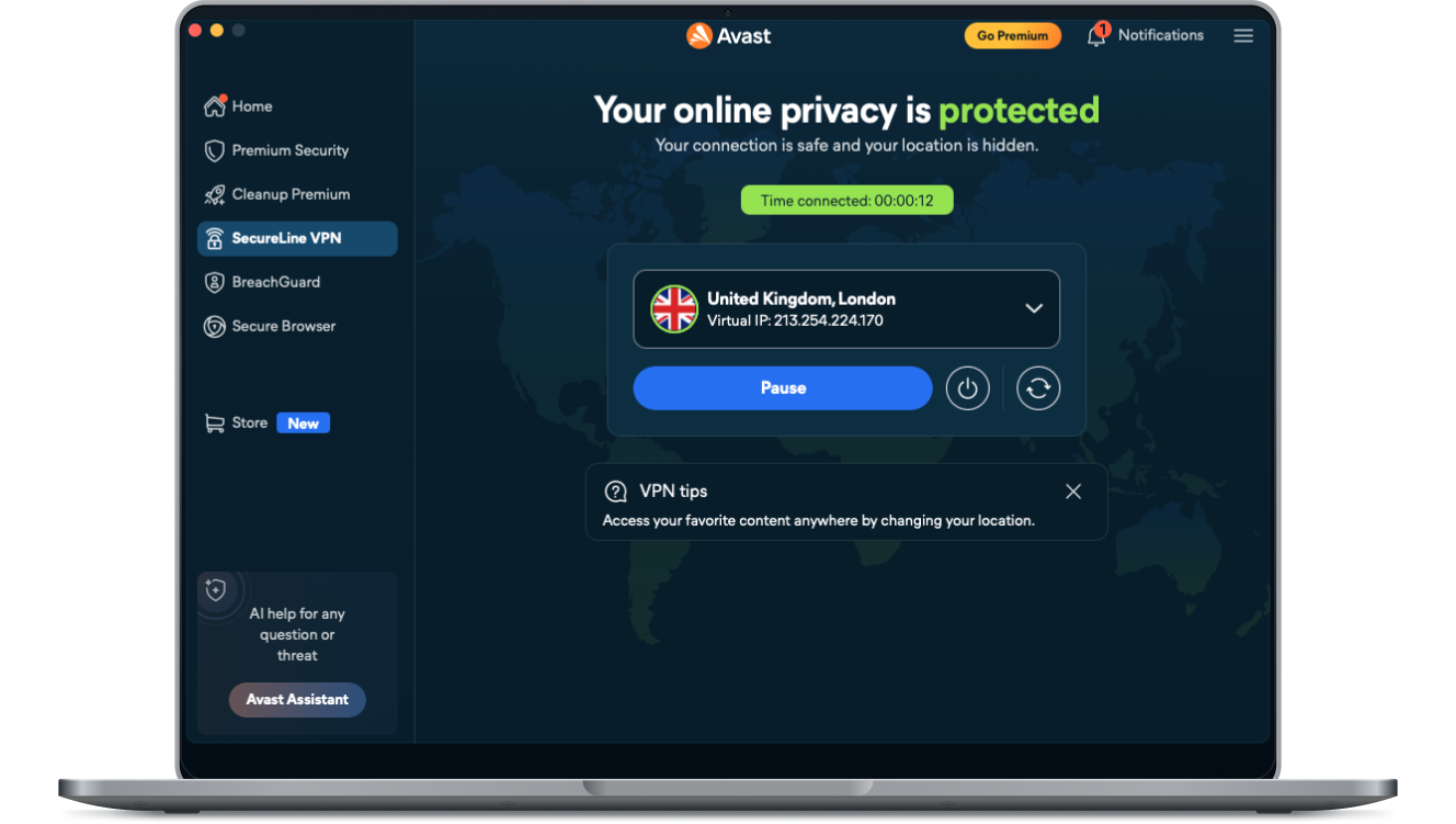 The SecureLine VPN home screen showing a UK server location and virtual IP address.