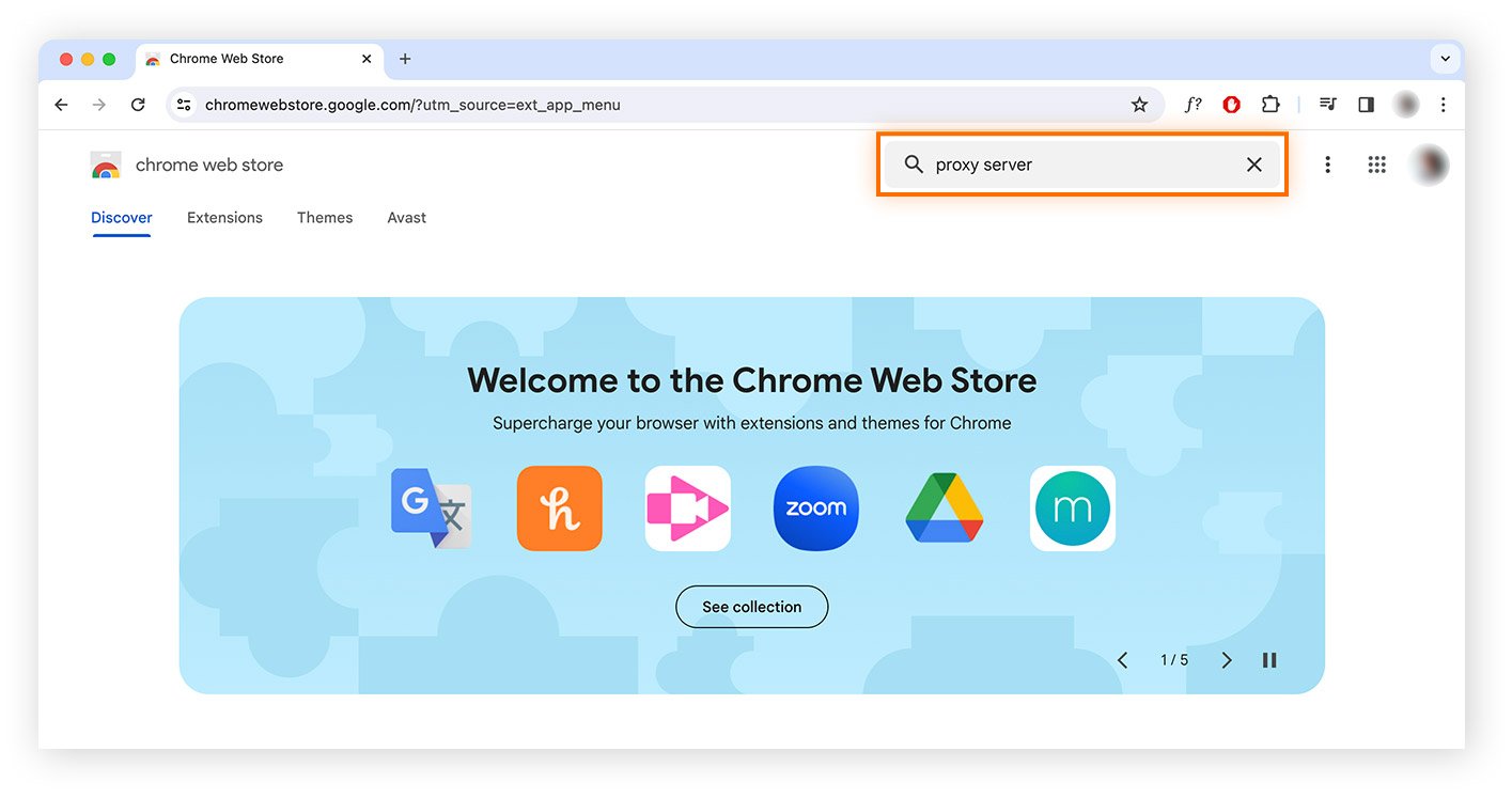 Locating and installing a proxy server browser extension to unblock websites.