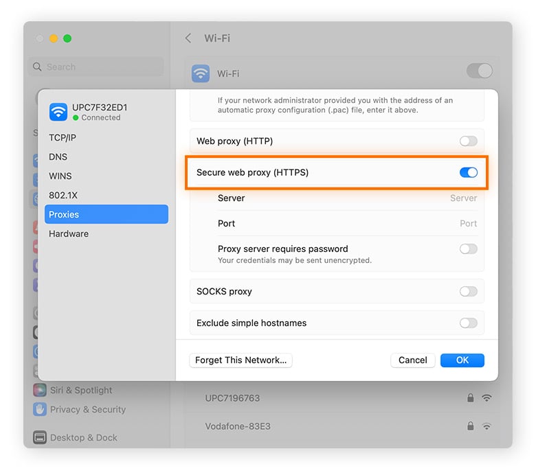  Selecting a desired proxy protocol in the Safari menu.