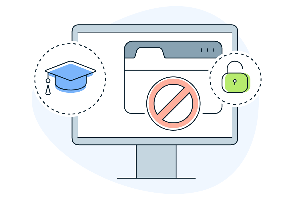  A graphic showing that schools typically have strict website blocking and don't allow software downloads.